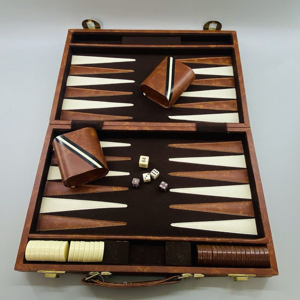 Vintage Backgammon Set Travel Case Brown Faux Leather Complete Board Game